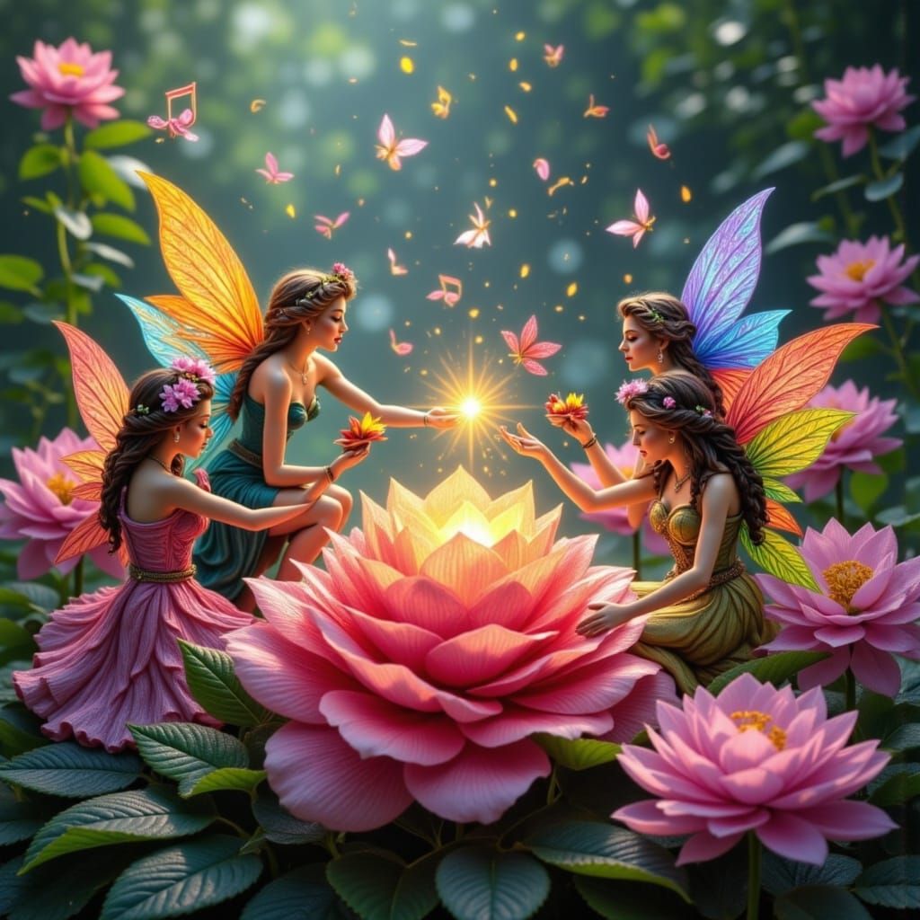 Harmonious Fairies Conjuring Musical Spells in Tarot Style