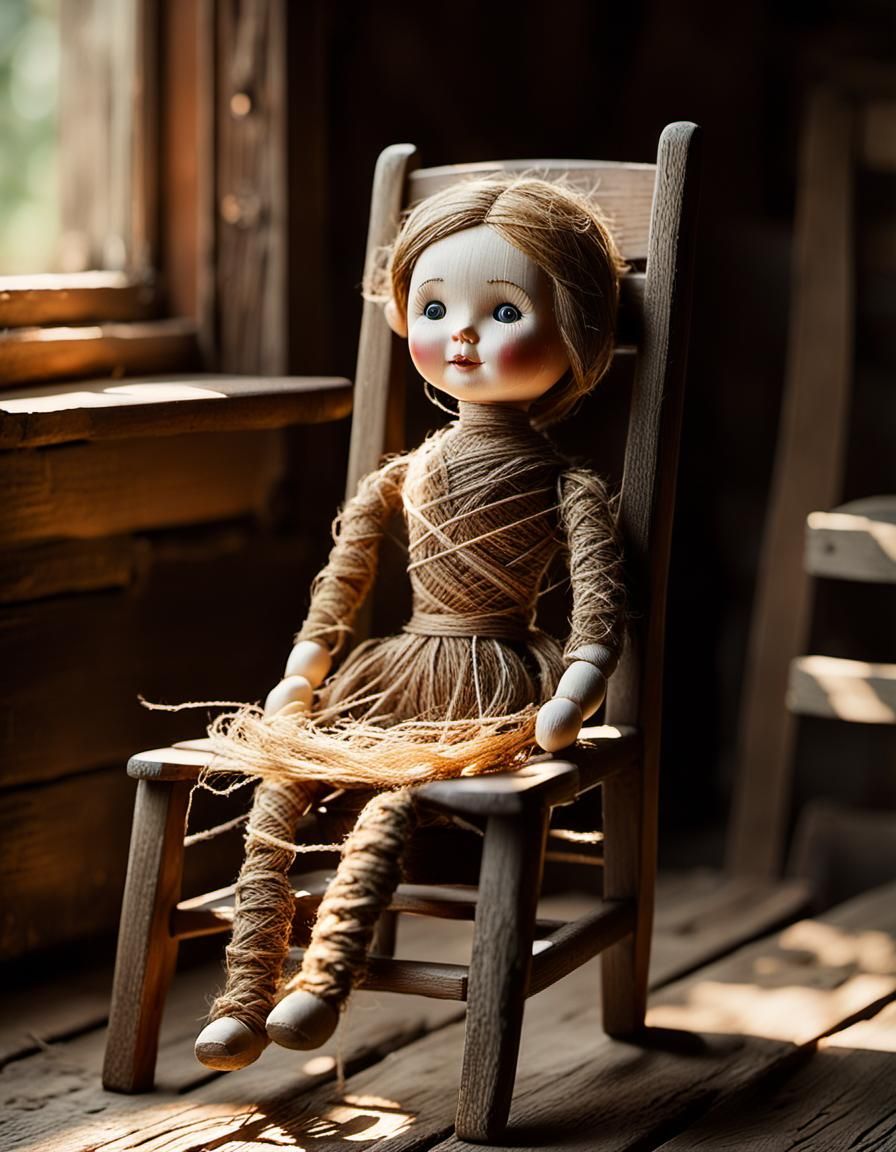 Whimsical String Doll in Rustic Folk Art Style