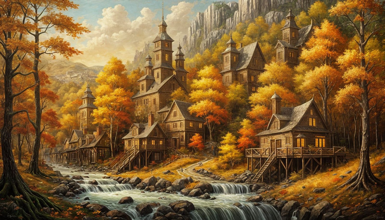Elaborate Oil Painting of Autumn Forest Settlement