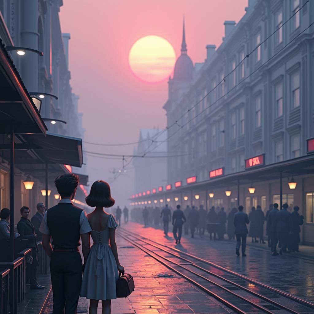 Couple's Farewell at Train Station: Pixar-Style 3D Art