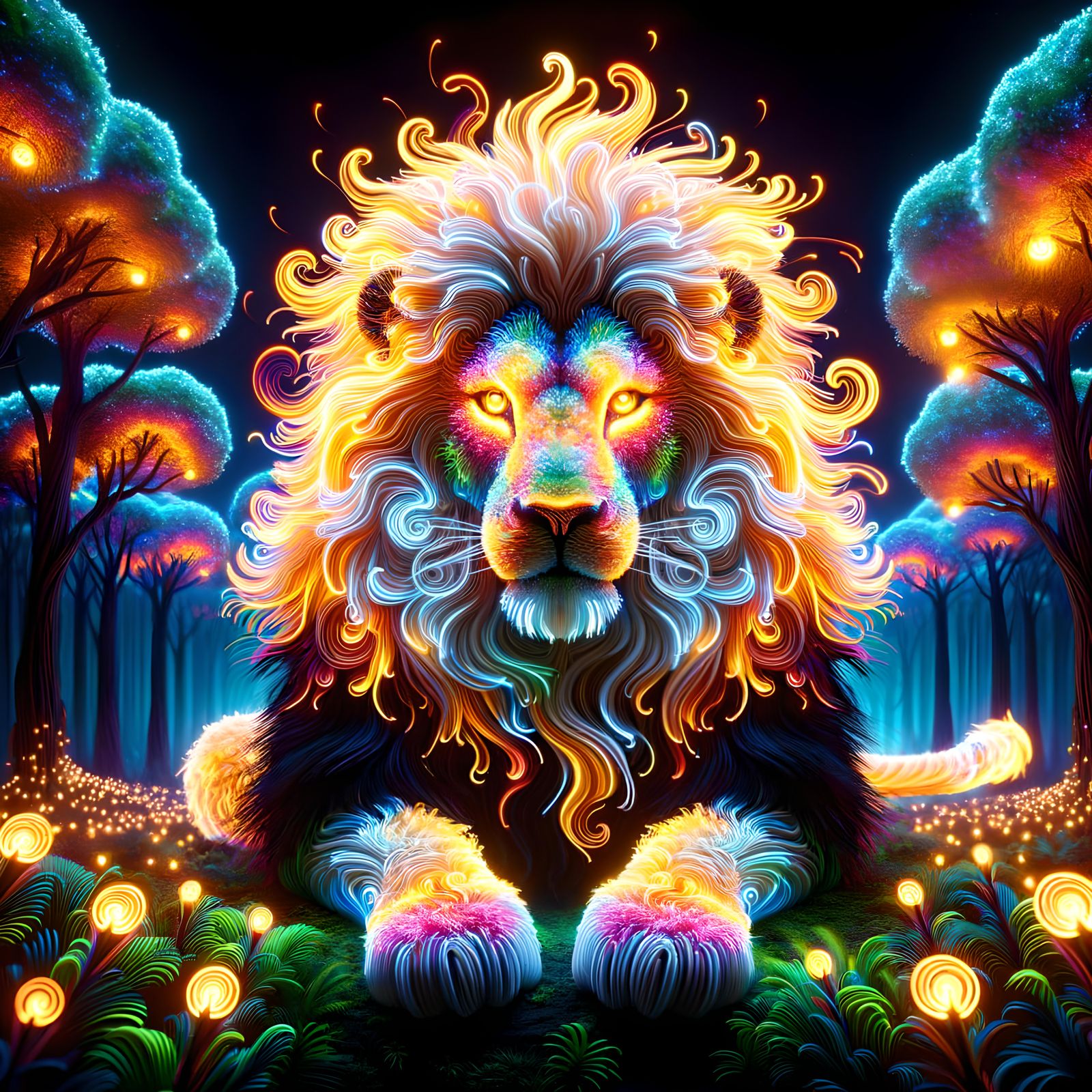 Neon Lion in Jungle of Radiant Lights