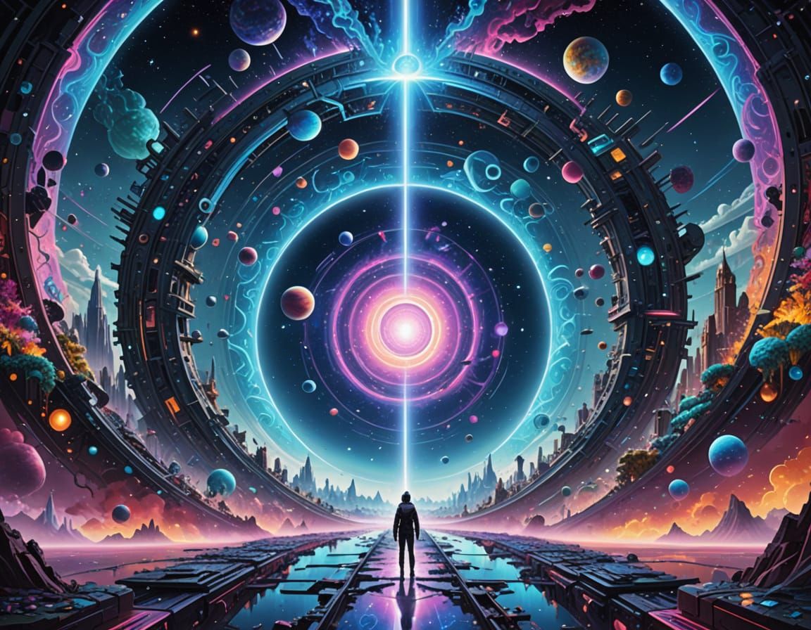 Cosmic Multiverse Tapestry in Vibrant, Mixed Media Style