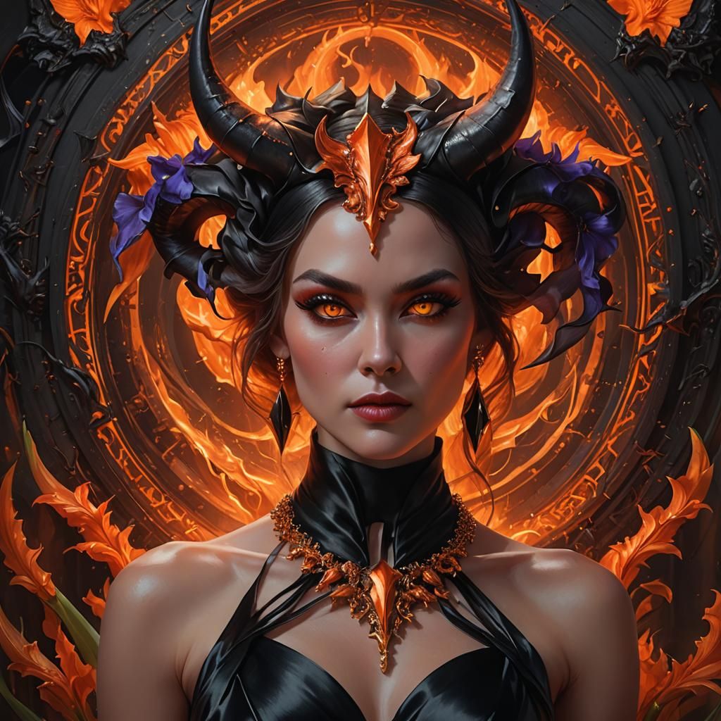 Devil Woman in Silk Gown, Hyperrealistic Digital Art