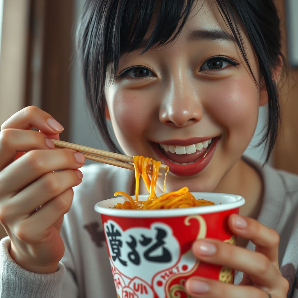 Girl Laughing Eating Spicy Noodles, Detailed Matte Painting
