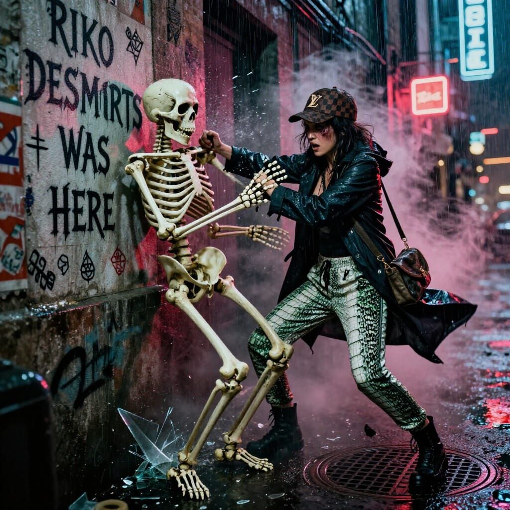 Fierce Urban Woman Fights Skeleton in Neon Alley