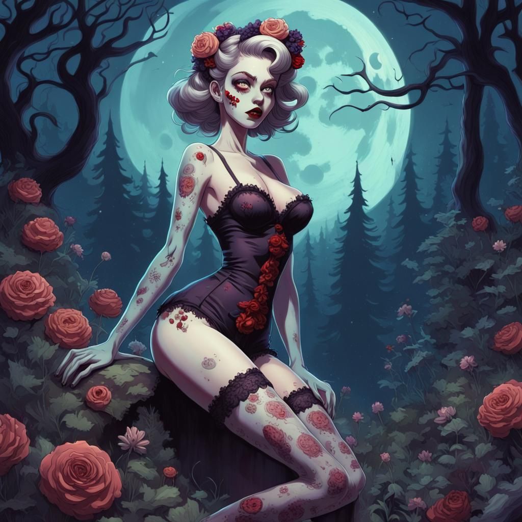 Dreamlike Zombie Pinup in Moonlit Forest