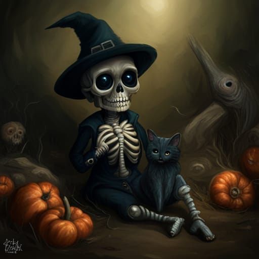 Cute Baby Skeleton Creature with Black Cat, Digital Art