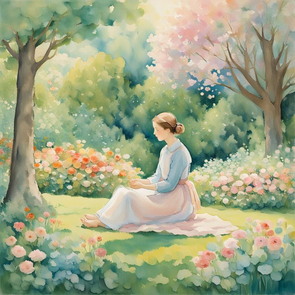 Meditating Figure in Garden of Peace: Impressionistic Pastel...