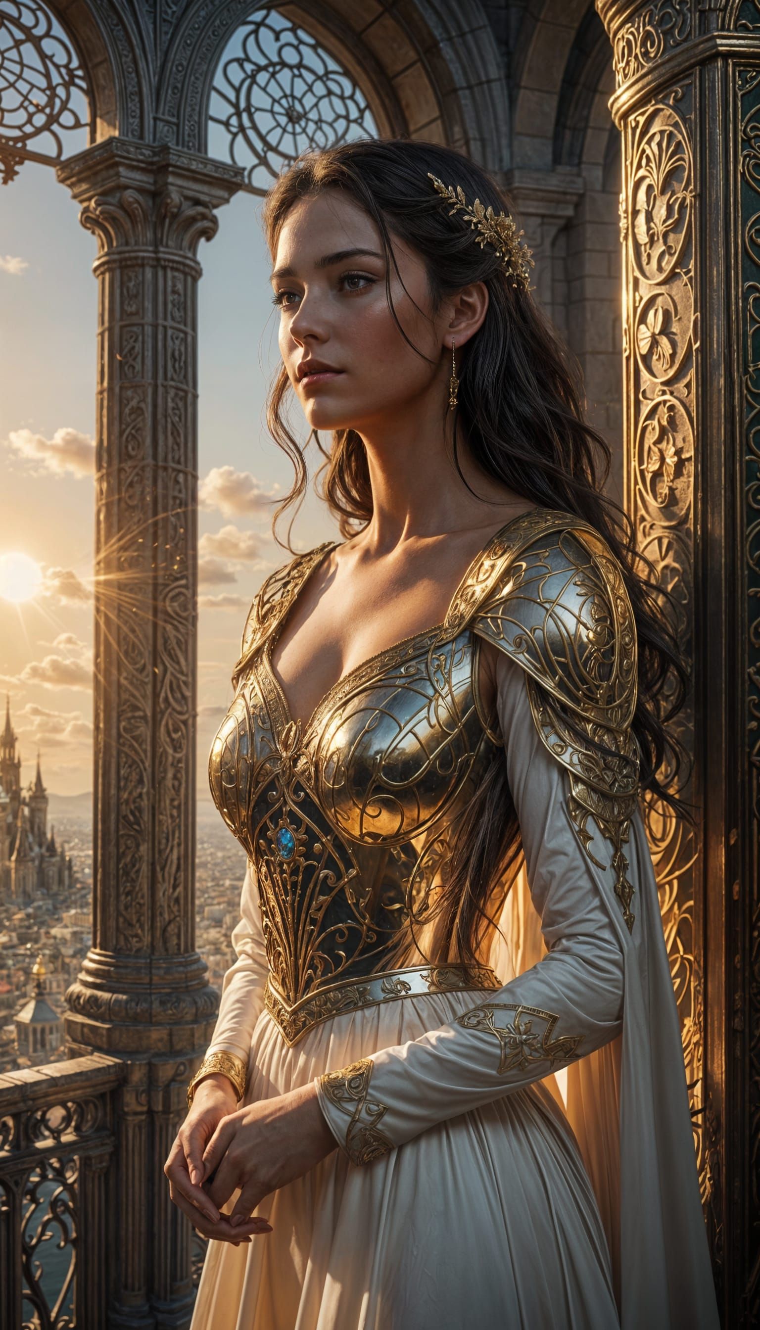 Anime Style Lady in Tower with Sunlight