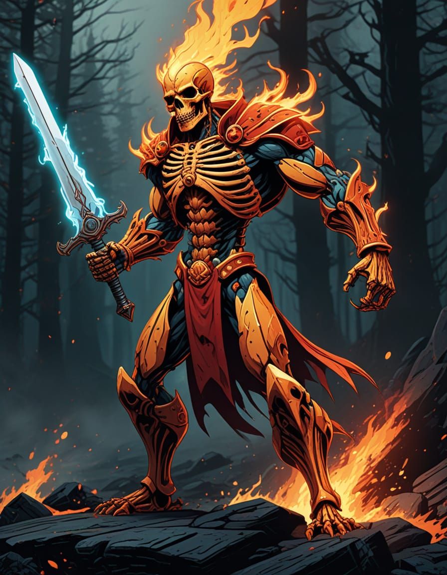 Skeletal Champion Wields Fiery Blade in Dynamic Comic Book S...
