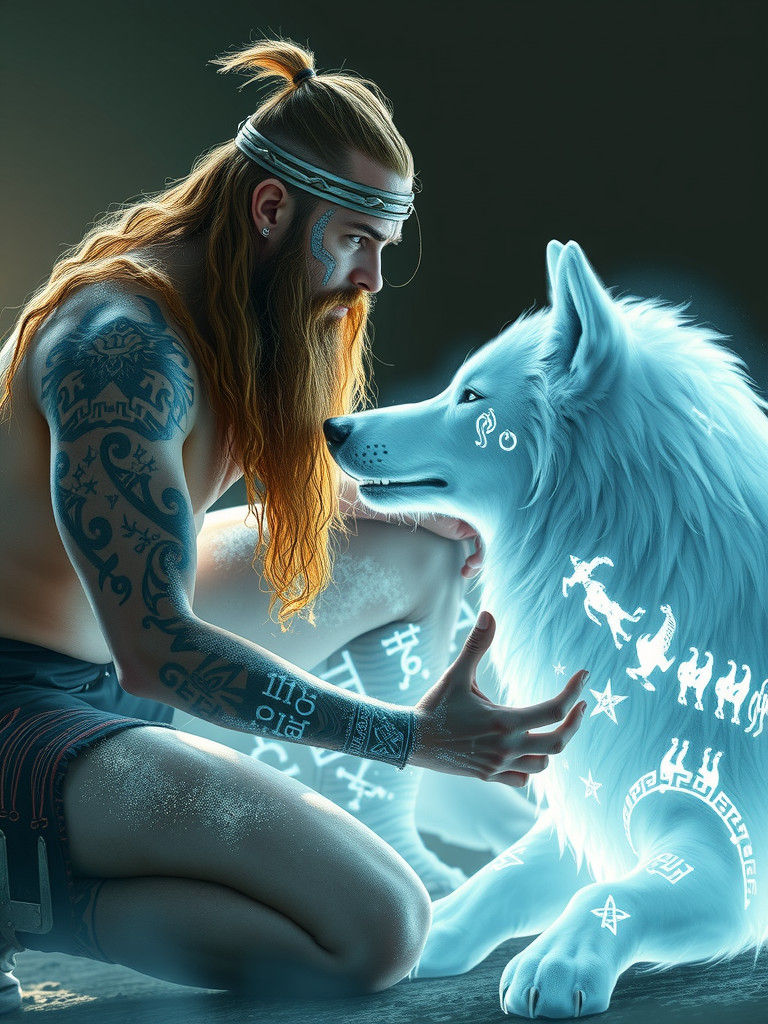 Viking Warrior and Prismatic Wolf Portrait