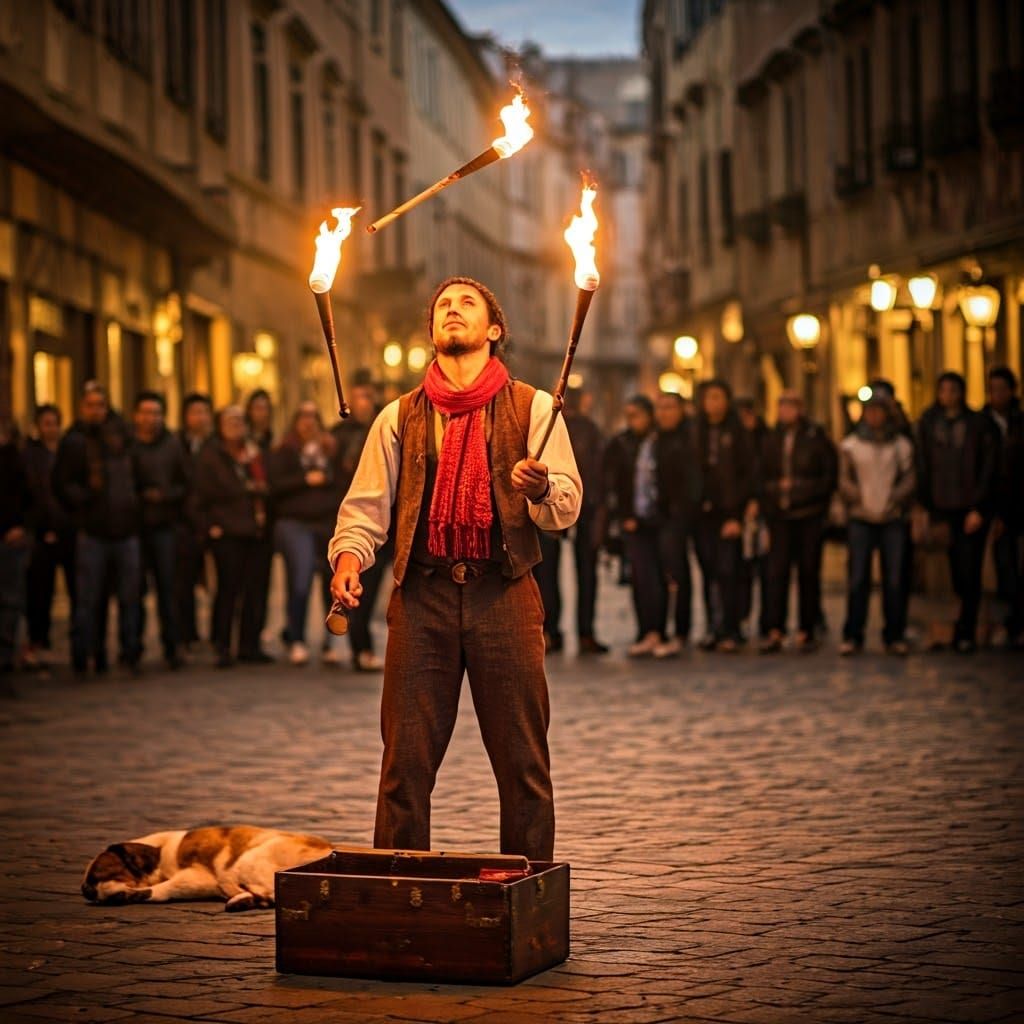 Charismatic Juggler Mesmerizes Street Audience at Sunset