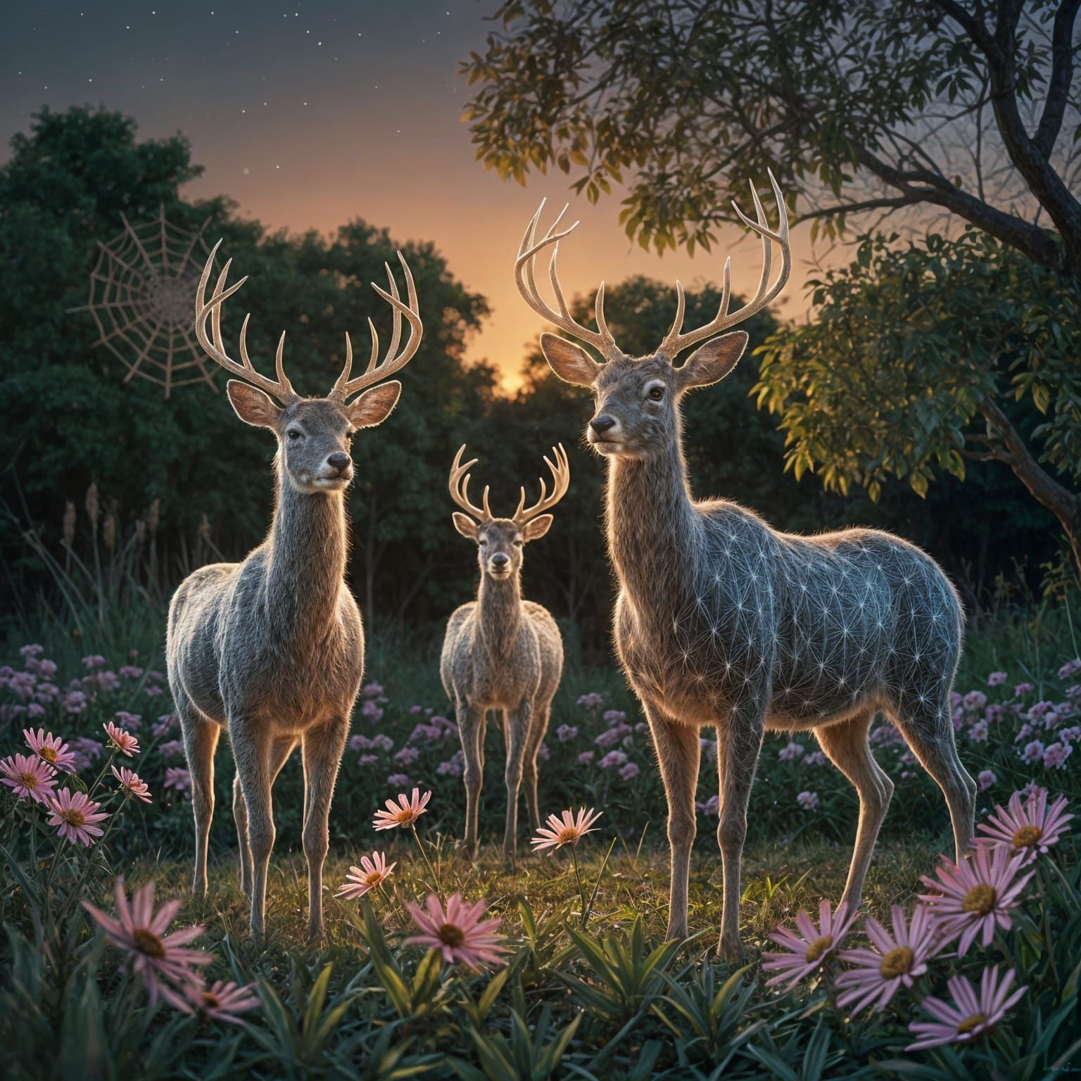 Spiderweb Deer in Golden Dusk Jungle Watercolor