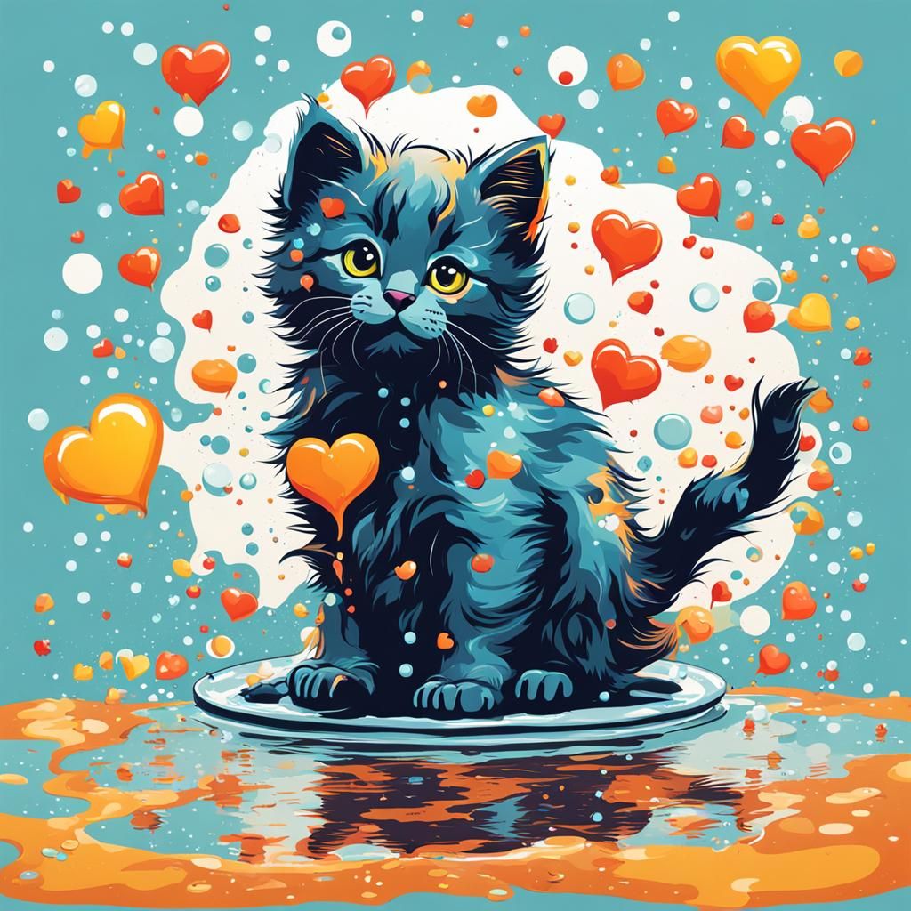 Cute Kitten Plays in Heart Bubbles: Vector Art