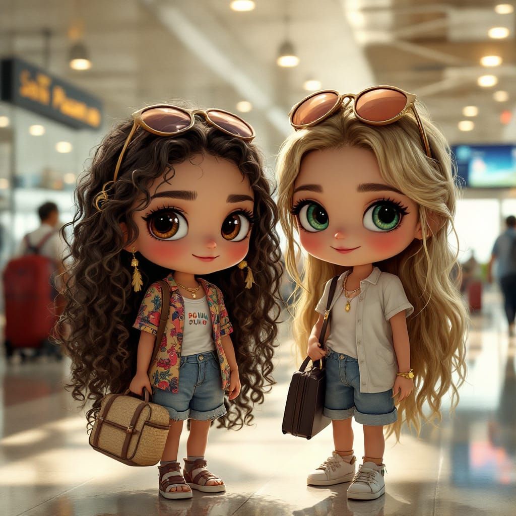 Chibi Women at San Juan Airport, Hyper-Detailed Realism