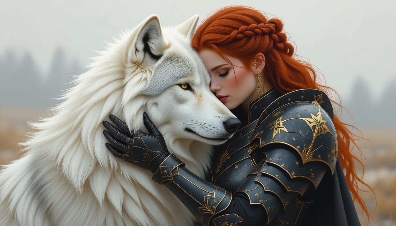 Warrior Embracing Wolf in Mechanized Art Style