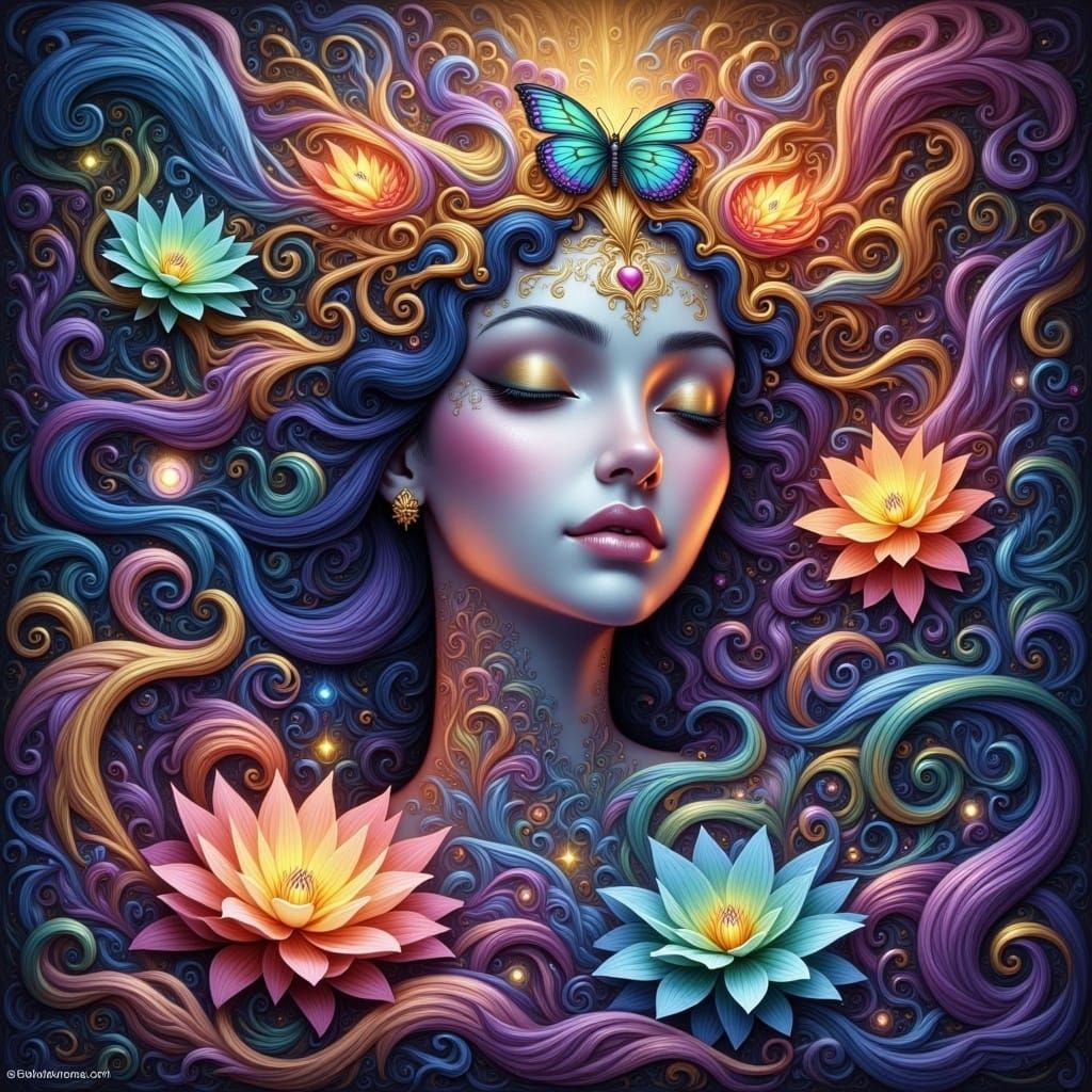 Dreamlike Woman Between Worlds in Fractal Abstract