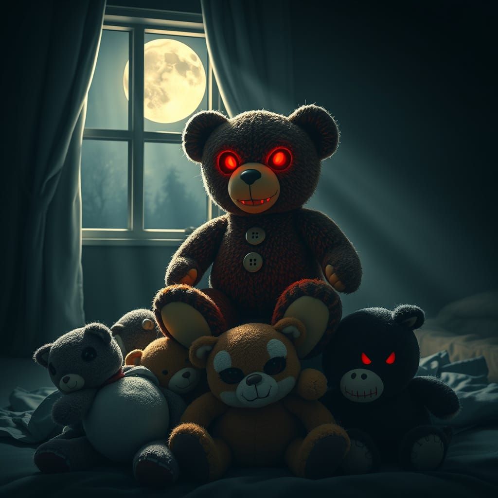 A menacing teddy bear with button eyes replaced by glowing r...