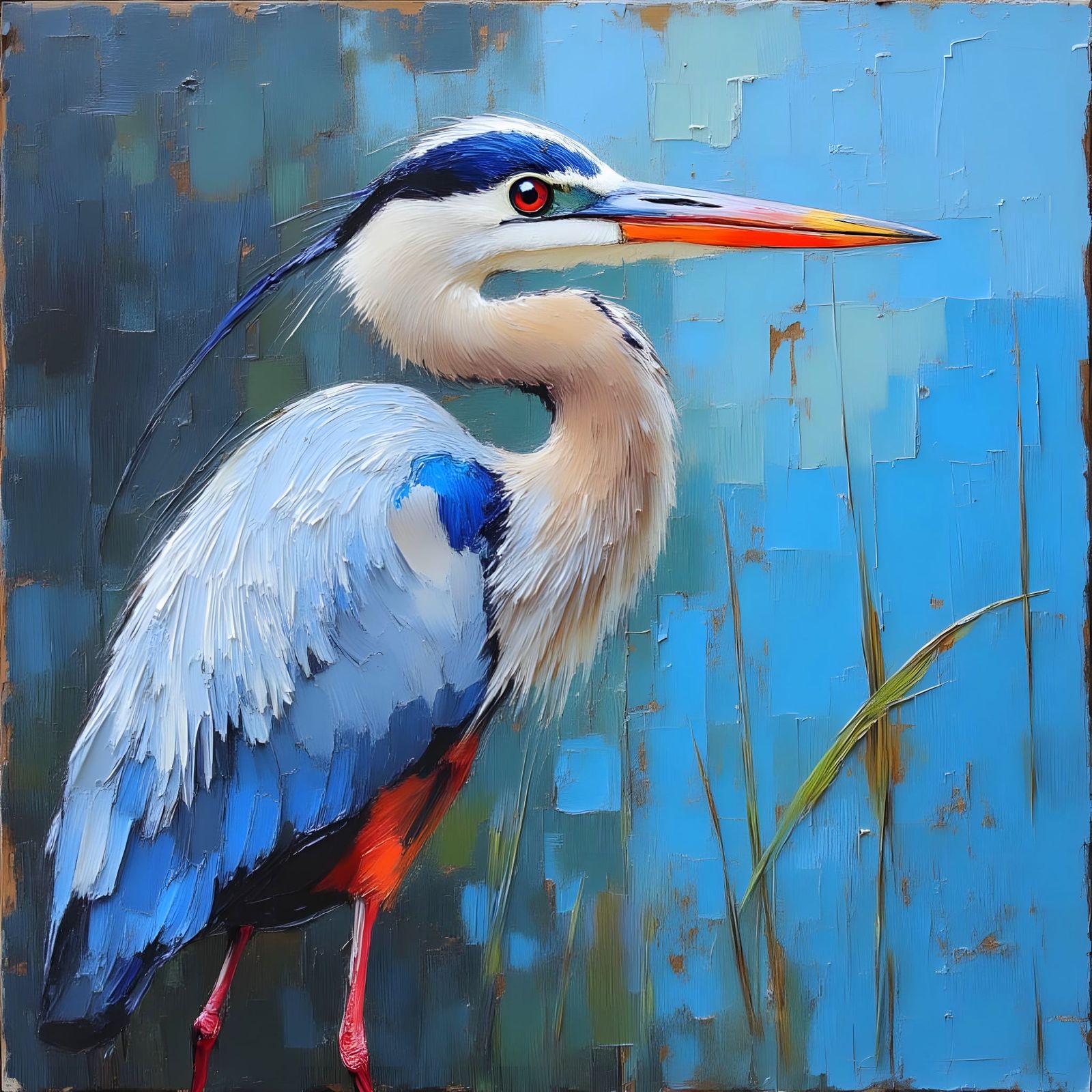 Blue Heron Hand-Painted with Impasto Texture