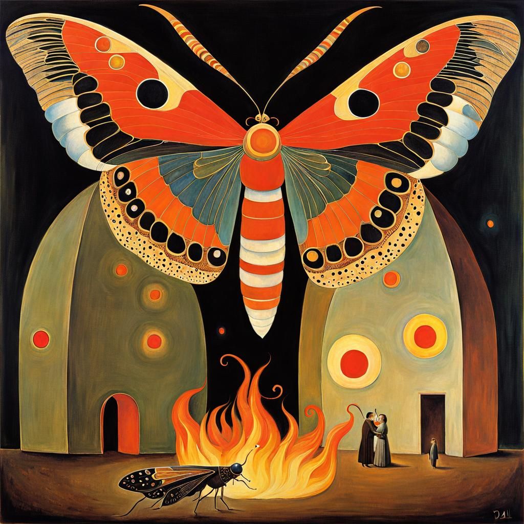 Surreal Giant Moth and Flame in Klimt-Dali Style