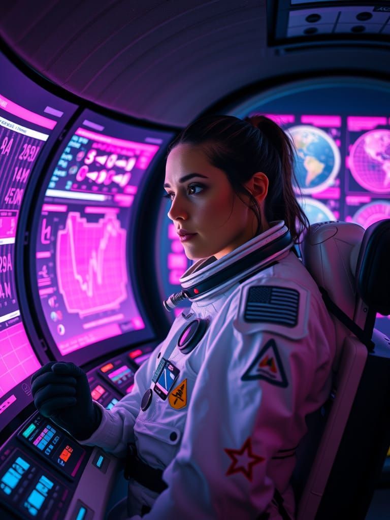 Astronaut Focuses on Cosmic Data Streams in Neon-Lit Spacesu...