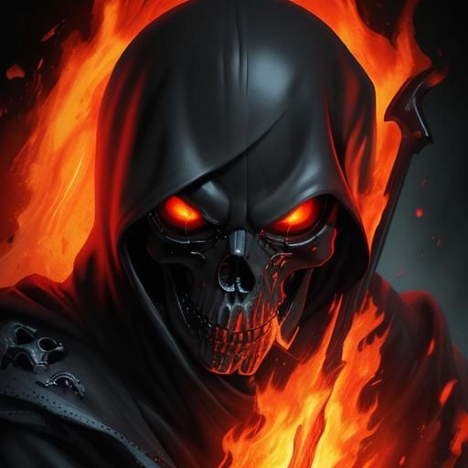 Hyperrealistic Grim Reaper Skull in Fiery Splash Art