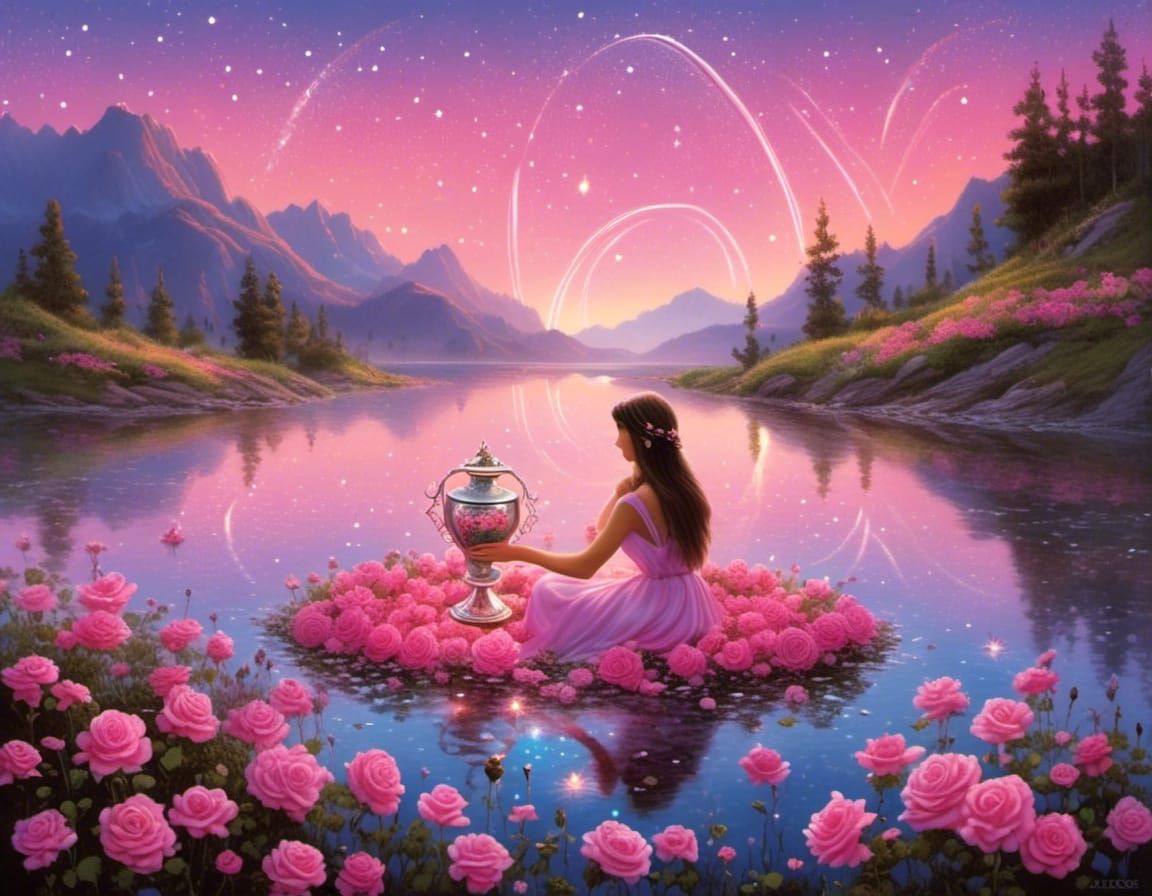 Rose-Filled Cup on Mountain Lake Shore