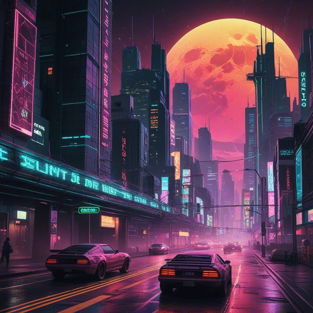 Neon Cyberpunk Cityscape at Night: Graphic Art Aesthetic
