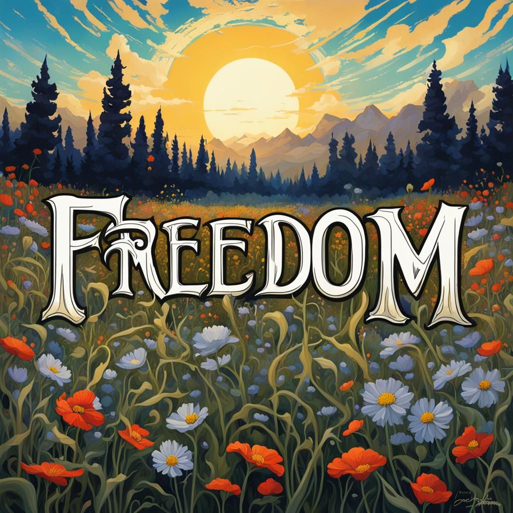 field of wildflowers with the word freedom in art nouveau fo...