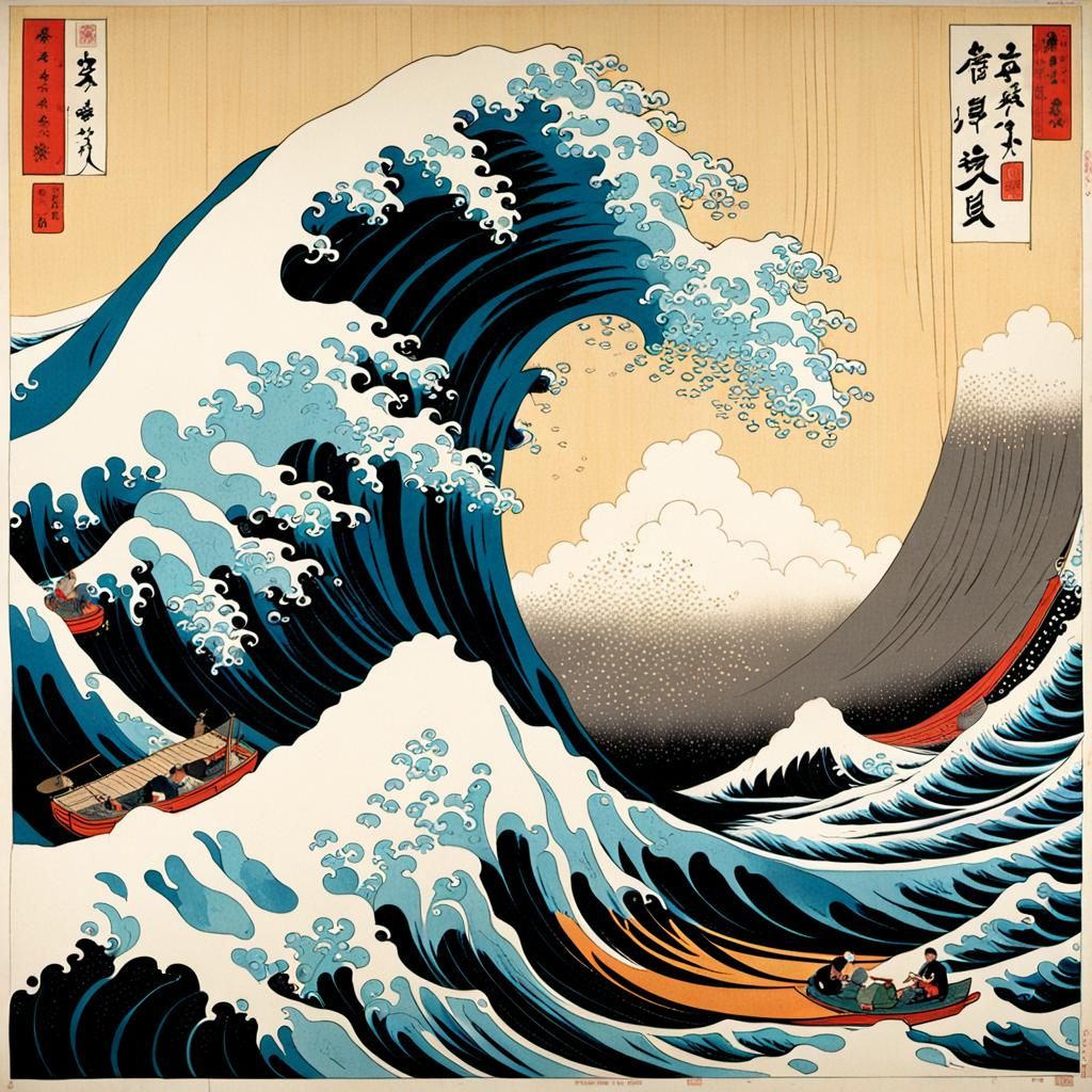 Majestic Wave in Ukiyo-e Woodblock Style