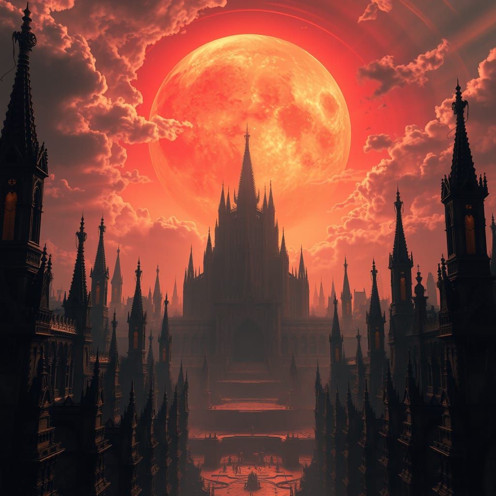 Gothic Metropolis Under Fiery Red Sun