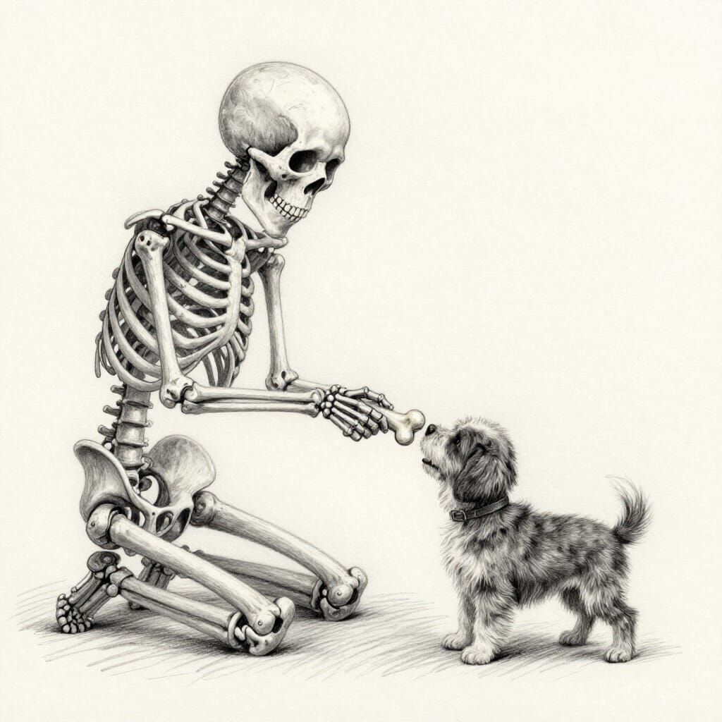 Skeleton Shares Bone With Puppy in Pencil Drawing