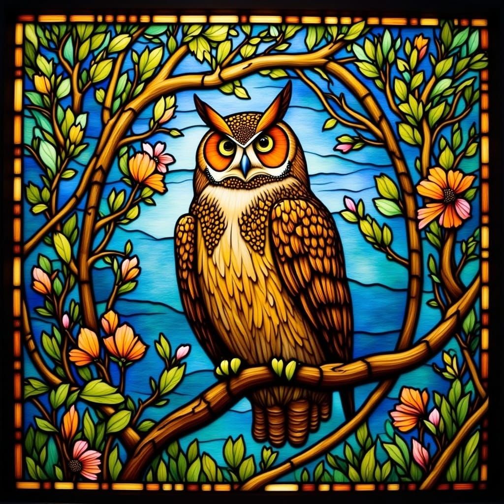 Majestic Stained Glass Barn Owl in Dreamlike Setting