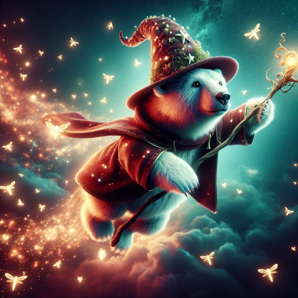 Wizard Polar Bear Soaring Through Galaxy