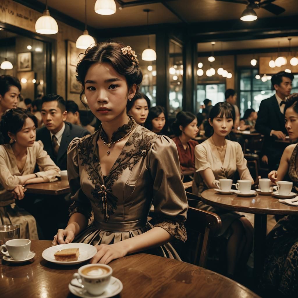 Boy in Victorian Dress at Coffee Shop: Cinematic Still