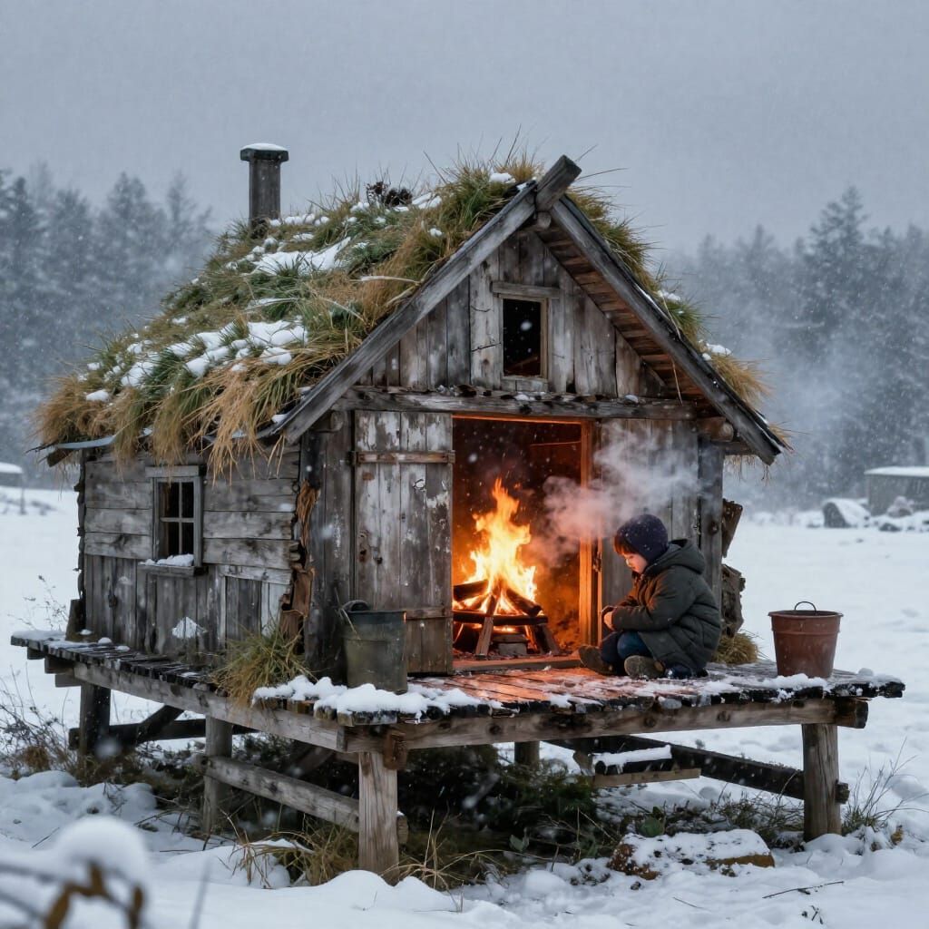 Worn Grass Cottage in Snowstorm with Cozy Fire