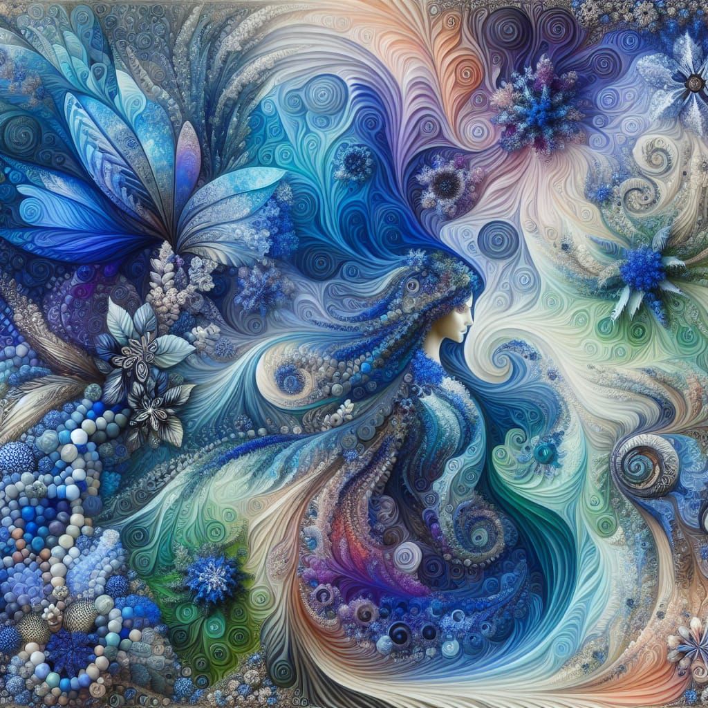 Ethereal Lady in Vibrant Blue Fractal Landscape