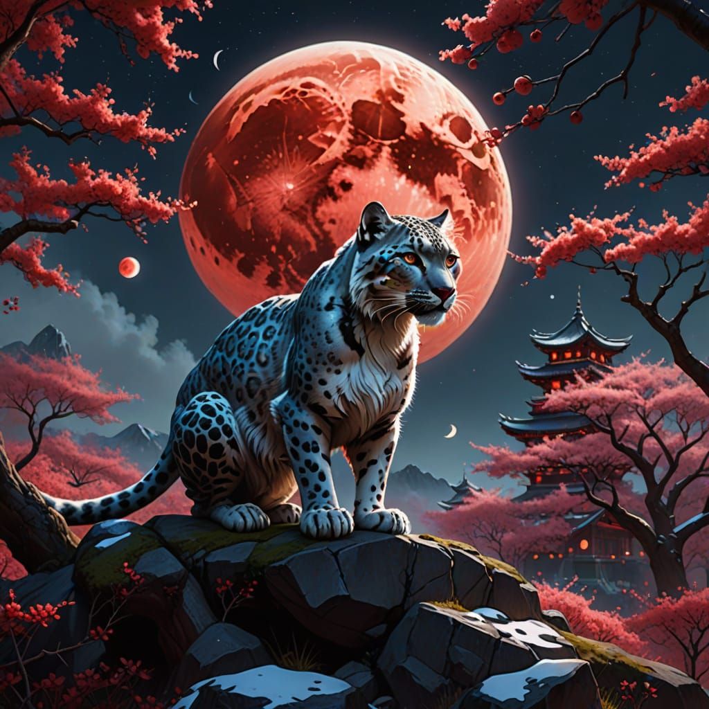 Robotic Snow Leopard Under Red Moon, Watercolor Style