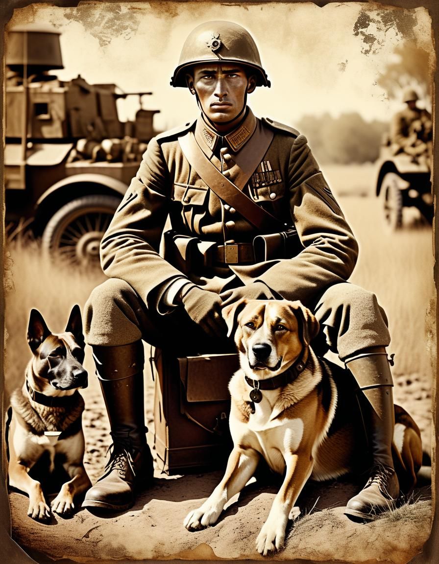Vintage Collage of Soldier and Dog in Sepia Tones