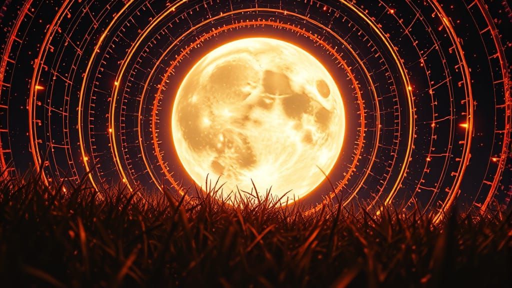 Neon-Lit Harvest Moon with Celestial Auras