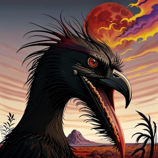 Crow with Exaggerated Eye under Red Moon