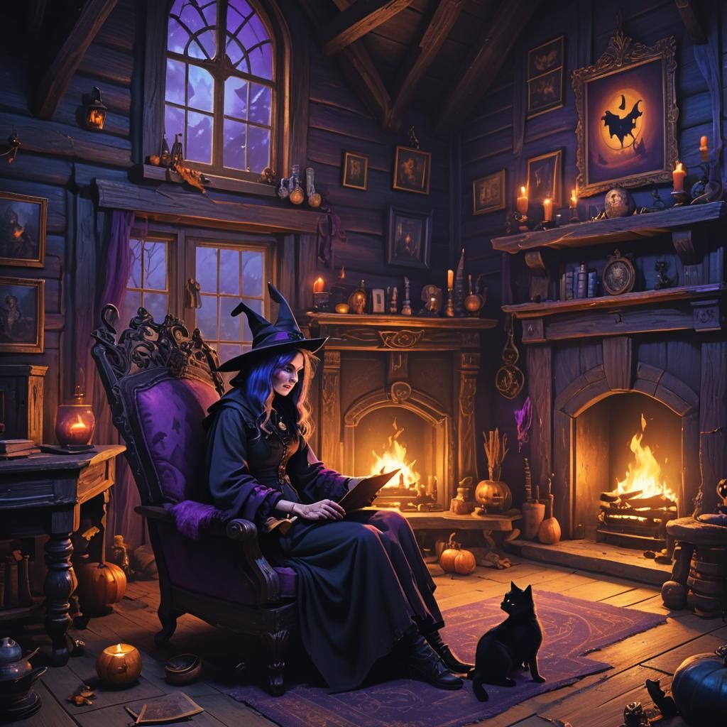 Halloween Horror Cabin: Witch, Cat, and Fireplace