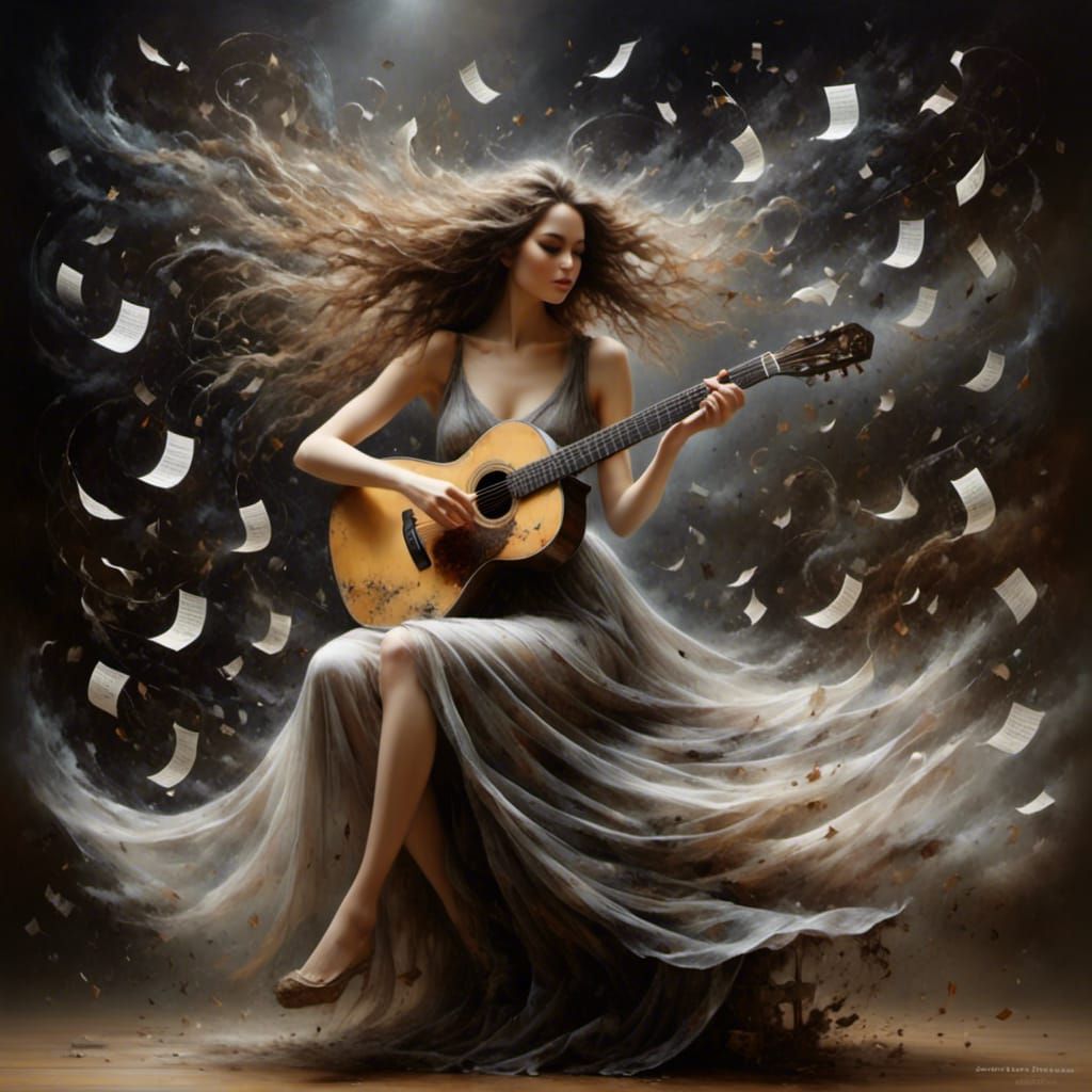 Girl on Stage Playing Guitar in Wind