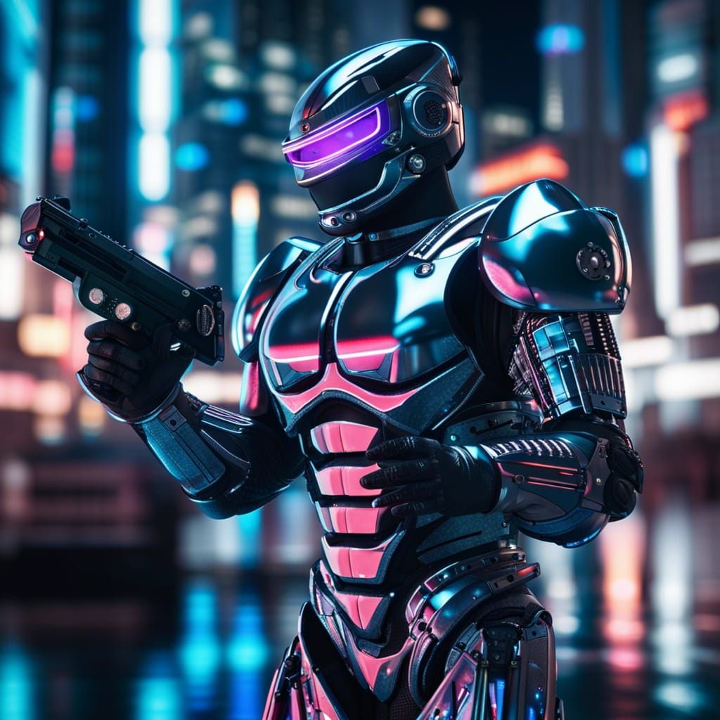 Cyberpunk Robocop in Futuristic City at Night