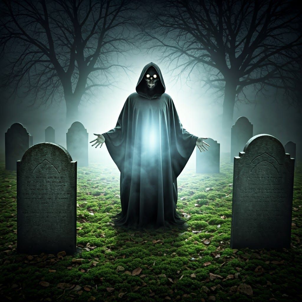 Ethereal Ghost in Foggy Graveyard, Classic Horror