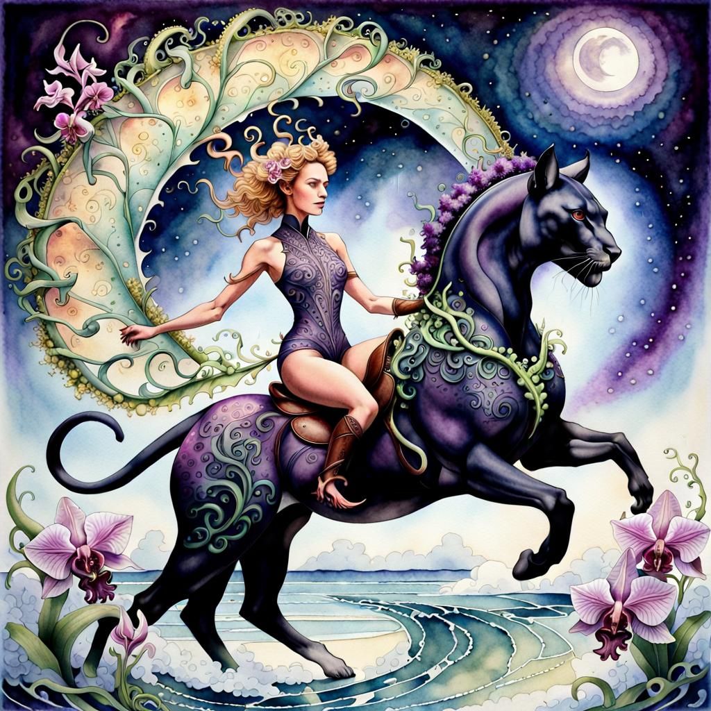 Bioluminescent Panther and Pixie Rider in Watercolour