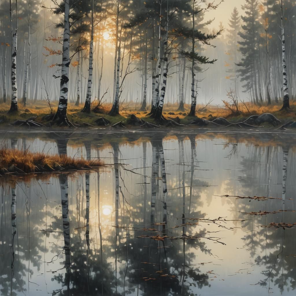 Misty Autumn Reflection of Birch and Pine Trees