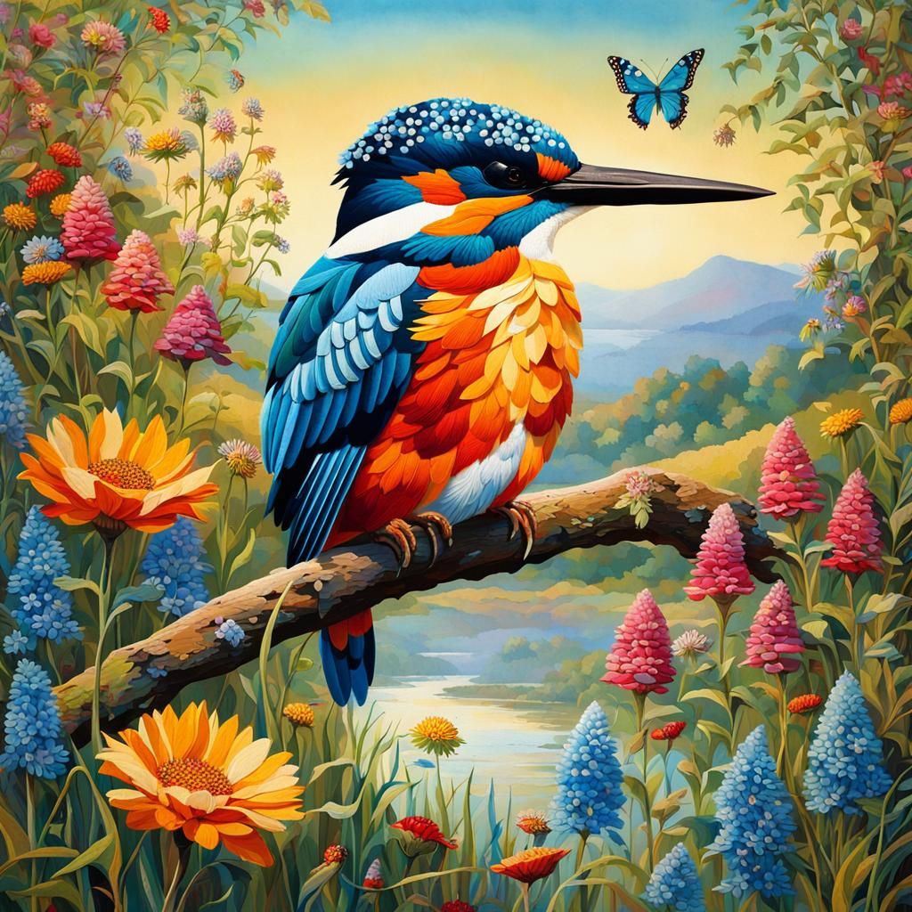 Vibrant Morning Kingfisher Patchwork with Intricate Appliqué...