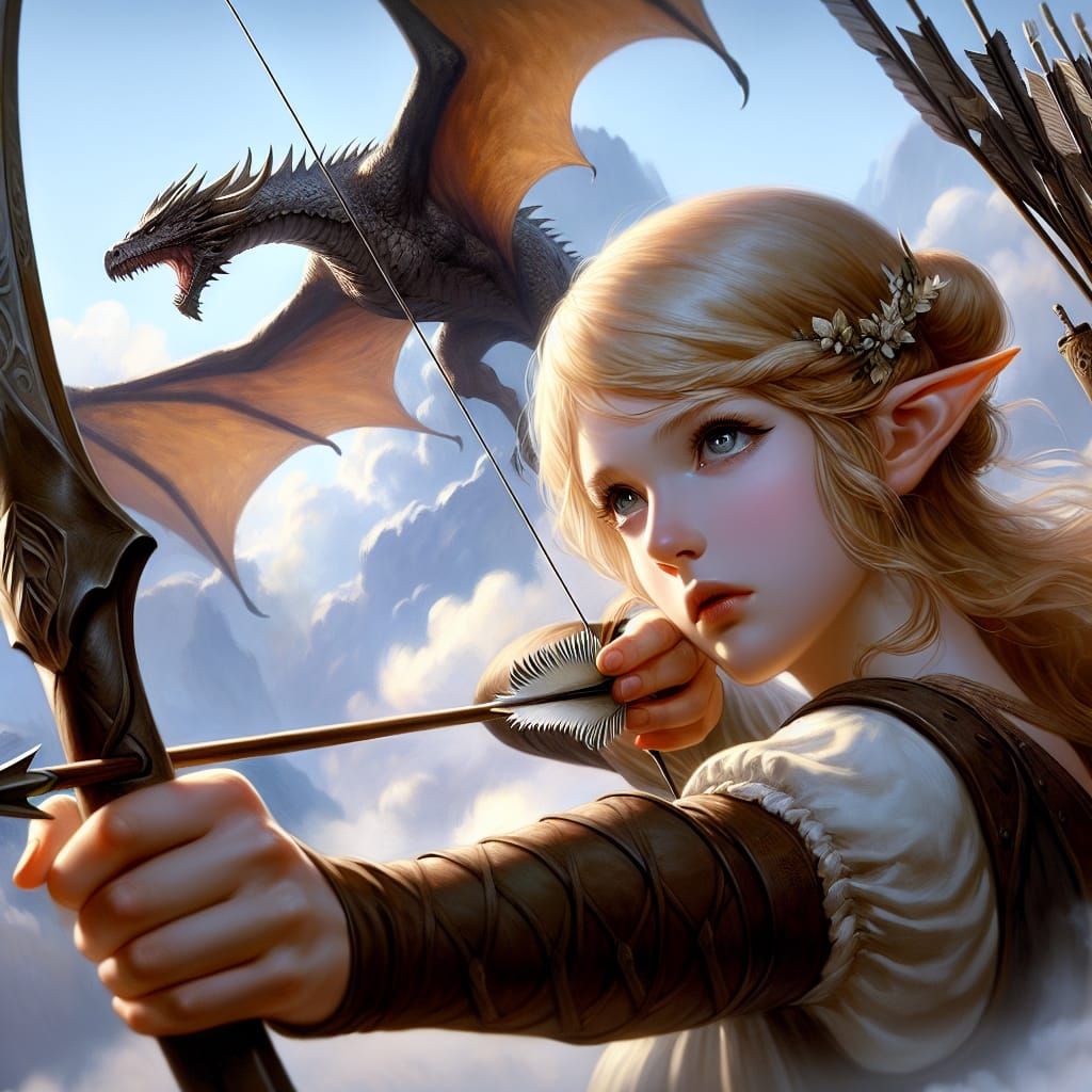 Elven Archer Aims at Dragon in Vast Sky