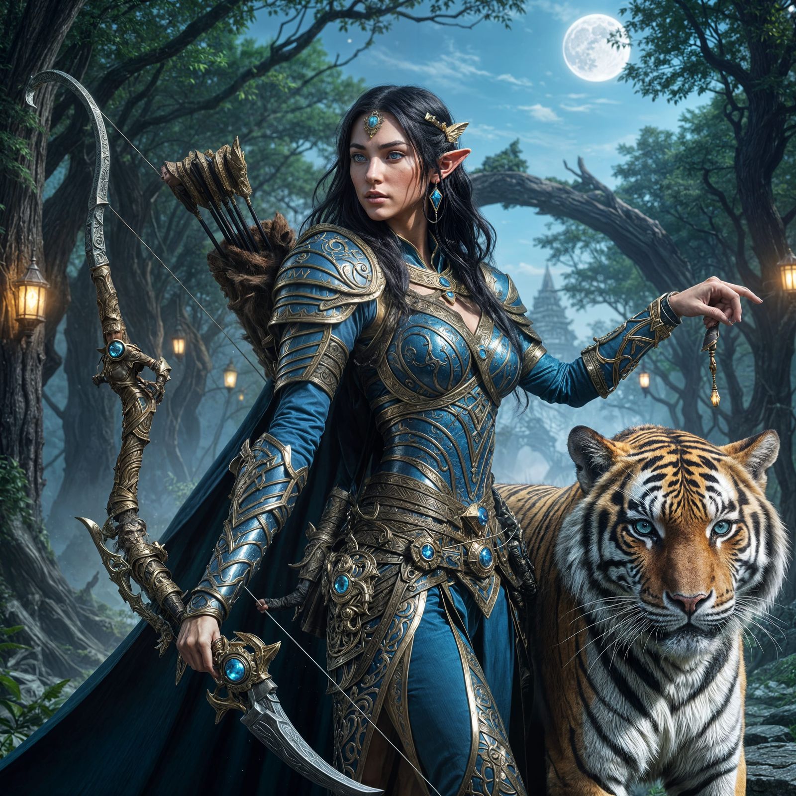 Elf Princess and Bengal Tiger in a Futuristic Zoo